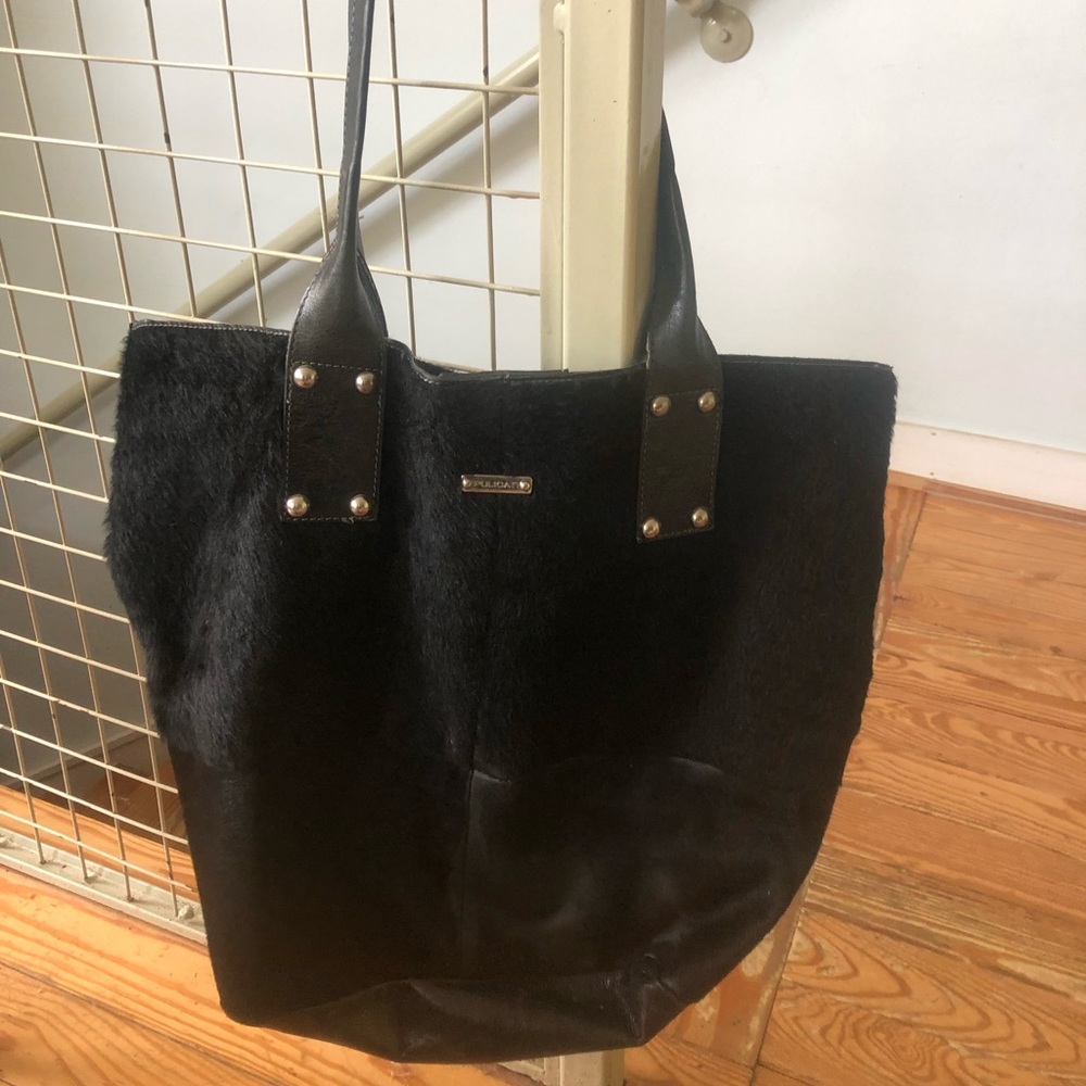 Black Cow Hide Pulicati Tote Bag Pink Lining